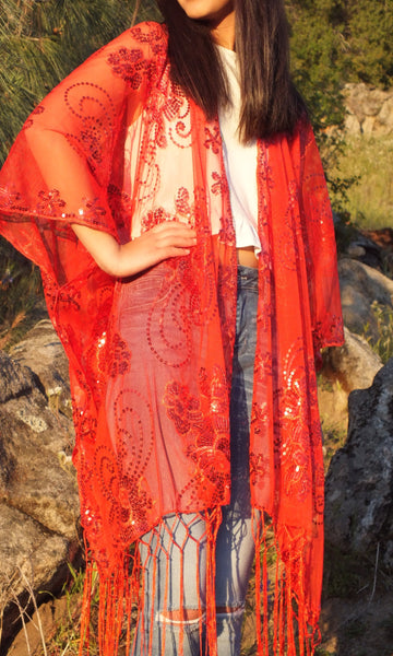 Red Sequin Flower Embroidered Kimono Top Ruana One size