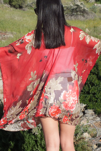 Burgundy Floral Print Sheer Tunic Ruana Kimono Top One size