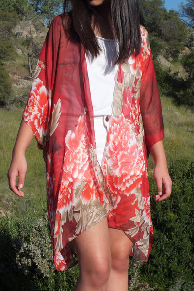Burgundy Floral Print Sheer Tunic Ruana Kimono Top One size