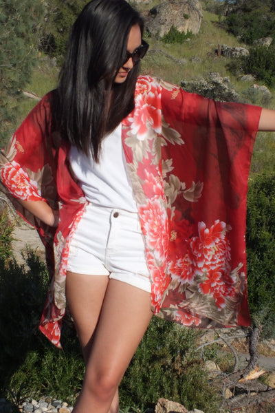 Burgundy Floral Print Sheer Tunic Ruana Kimono Top One size