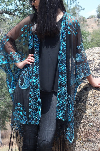 Moddy vintage-Blue sequin kimono duster