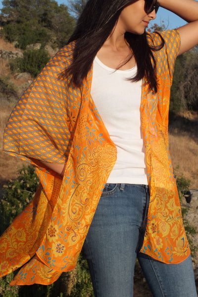 Sheer Orange/Gold Peacock Floral Print Tunic Kimono Ruana Top One size