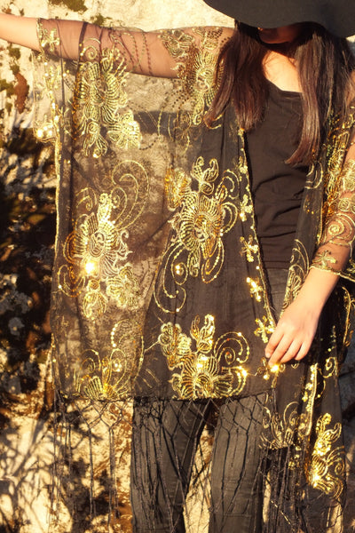 Black Silver Sequin Flower Embroidered Kimono Top