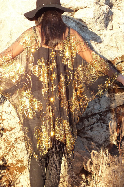 Black Silver Sequin Flower Embroidered Kimono Top