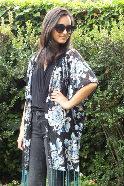Blue Floral Print Burnout Kimono Top