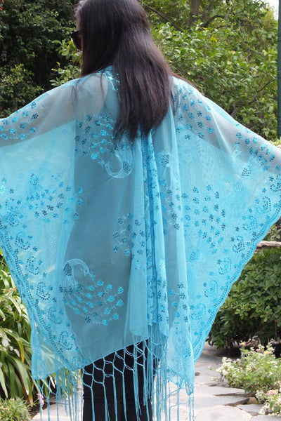 Blue Sequin Peacock Caftan Kimono Top