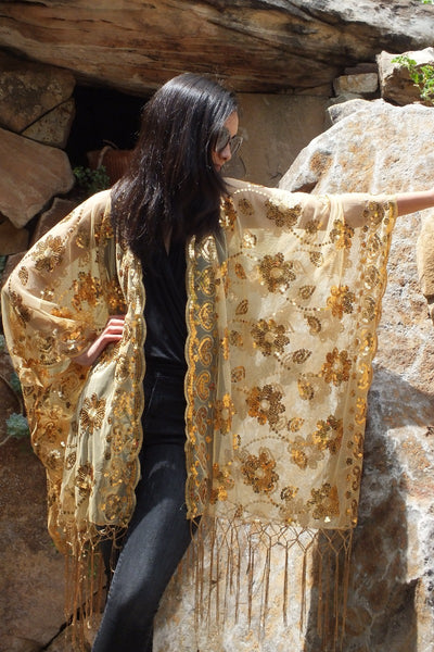 Gold Floral Sequin Floral Embroidered Kimono Top One Size