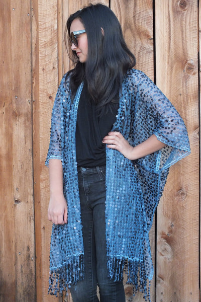Blue Sequin Kimono Duster Top One Size