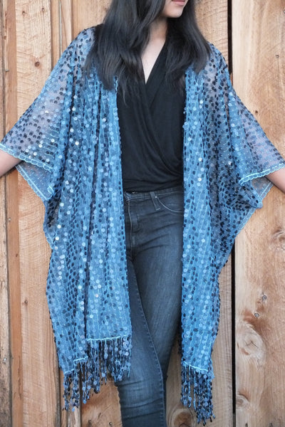 Blue Sequin Kimono Duster Top One Size
