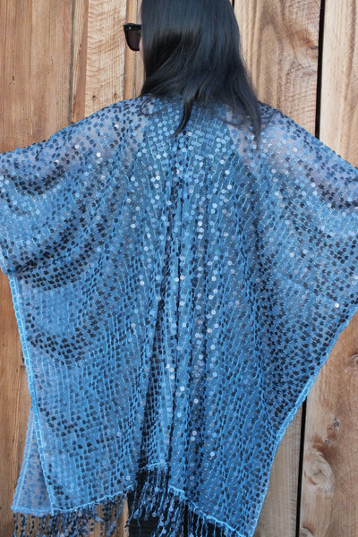 Blue Sequin Kimono Duster Top One Size