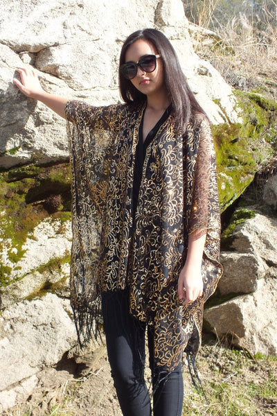 Swirl Black Gold Sequin embroidered Kimono Top