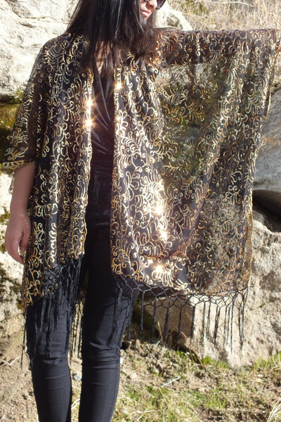Swirl Black Gold Sequin embroidered Kimono Top