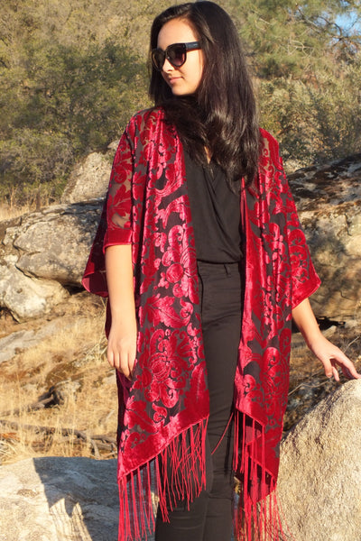 Burgundy Burnout Velvet Damask Duster Caftan Kimono Top