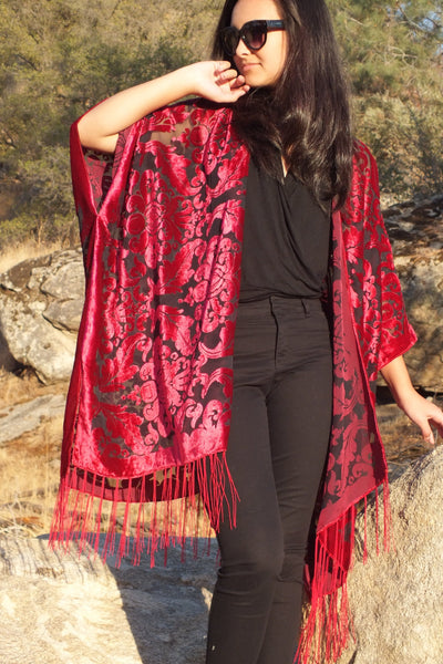 Burgundy Burnout Velvet Damask Duster Caftan Kimono Top