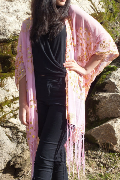 Pink Gold Sequin Embroidered Peacock Pattern Caftan Kimono Top