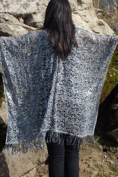 Silver Sequin Embroidered Paisley Pattern Kimono Top