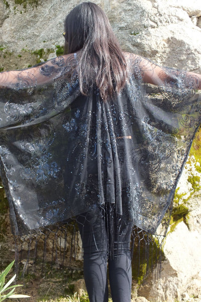 Black Sequin Floral Embroidered Kimono Top