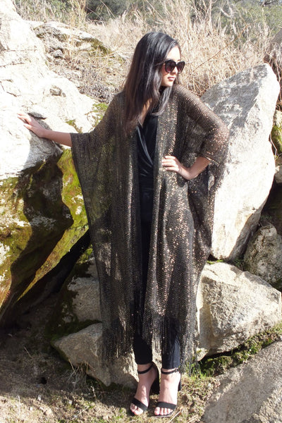 Festival Black Gold Metallic Mesh Duster Kimono Glitter Top One size
