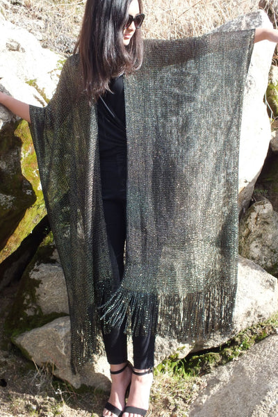 Festival Black Gold Metallic Mesh Duster Kimono Glitter Top One size