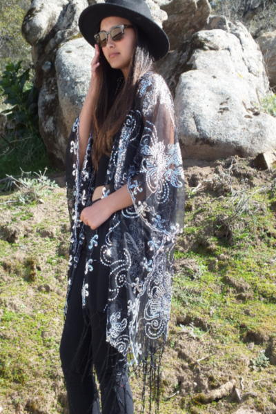 Black Silver Sequin Flower Embroidered Kimono Top