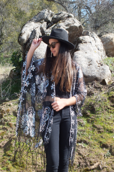 Black Silver Sequin Flower Embroidered Kimono Top