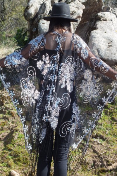 Black Silver Sequin Flower Embroidered Kimono Top