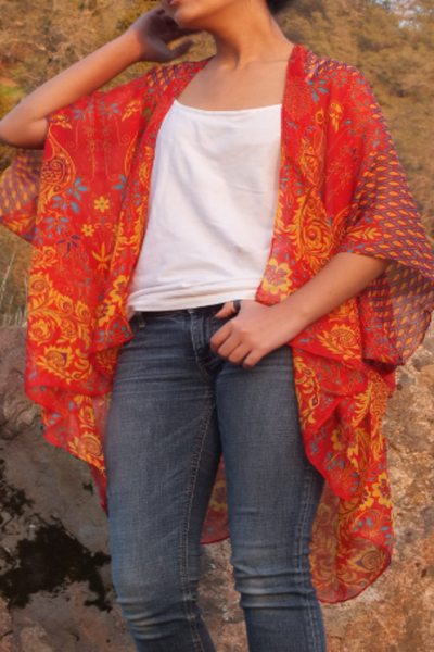 Blue/Gold Peacock Floral Print Tunic Kimono Top